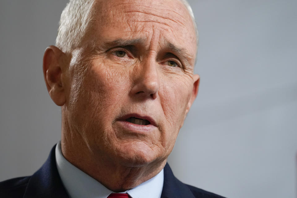 Former Vice President Mike Pence sits for an interview with the Associated Press, Wednesday, Nov. 16, 2022, in New York. (AP Photo/John Minchillo)