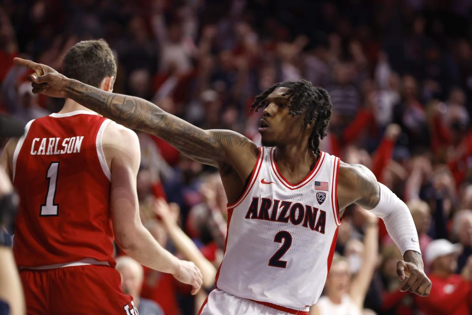 Arizona guard Caleb Love reacts after dunking against Utah during the second half of an NCAA college basketball game Saturday, Jan. 6, 2024, in Tucson, Ariz. | Chris Coduto, Associated Press