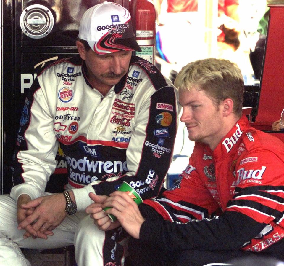 Dale and Dale Jr., father and son, owner and driver, at Darlington in 2000.