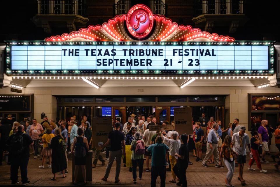 Texas Tribune Festival goers file out of the Paramount Theatre following the closing keynote Saturday, Sept. 23, 2023 in Austin, Texas.