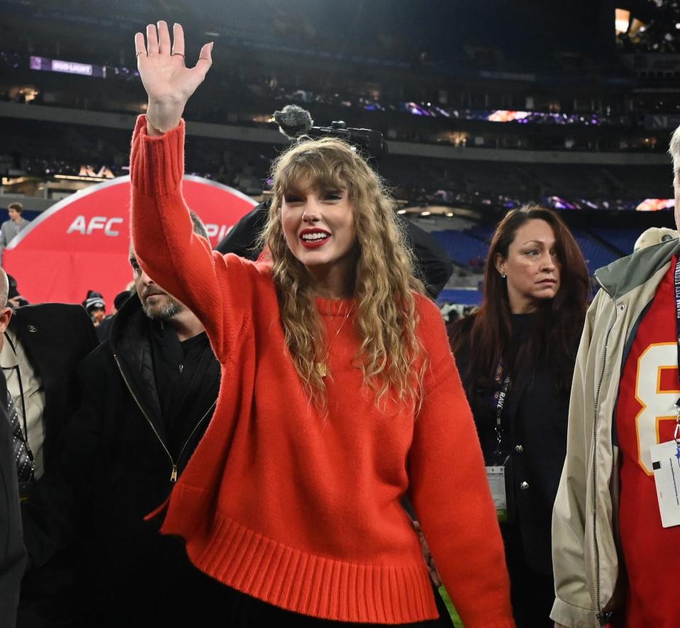 Taylor Swift walks off the field after watching the Kansas City Chiefs beat the Baltimore Ravens at M&T Bank Stadium on Jan. 28, 2024.