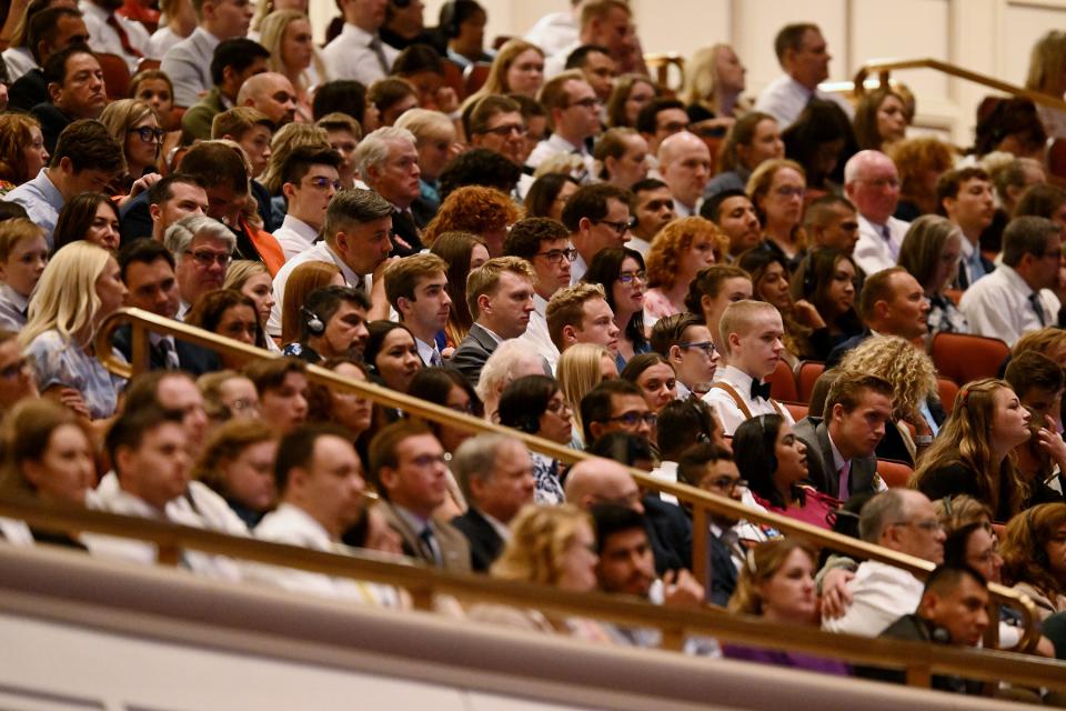 Crowd members listen during the Saturday evening session of the 193rd Semiannual General Conference of The Church of Jesus Christ of Latter-day Saints at the Conference Center in Salt Lake City on Saturday, Sept. 30, 2023. | Scott G Winterton, Deseret News