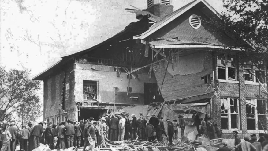 The townspeople of Bath Township, Michigan, flock to the consolidated school building after an explosion on May 18, 1927. In all, 44 people were killed, including 39 children.