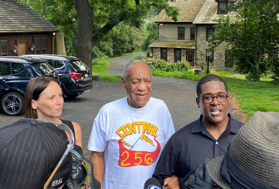 Bill Cosby, his lawyer Jennifer Bonjean and spokesperson Andrew Wyatt meet reporters outside of Cosby's home on June 30, 2021 in Cheltenham, Pa., after he was released from prison when the state high court overturned his sex-assault conviction.