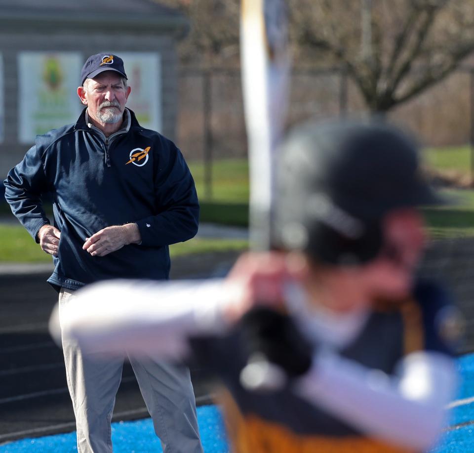 Streetsboro's head coach LeRoy Moore watches one of his players at the plate during their softball game against Ravenna at Portage Community Bank Stadium in Ravenna on Thursday, March 28, 2024.