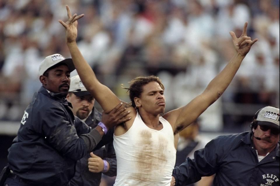 General view of a fan who ran unto the field during the 1998 World Series Game 3 betweem the New York Yankees and the San Diego Padres at Qualcomm Stadium in San Diego, California. The Yankees defeated the Padres 5-4. (Photo by Al Bello/Allsport)