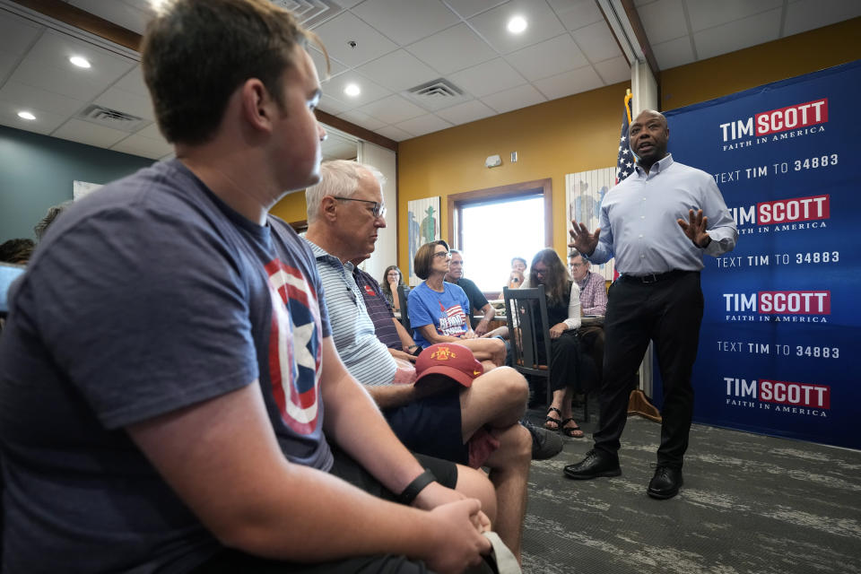 Republican presidential candidate Sen. Tim Scott, R-S.C., speaks during a meet and greet, Monday, Sept. 18, 2023, in Fort Dodge, Iowa. (AP Photo/Charlie Neibergall)