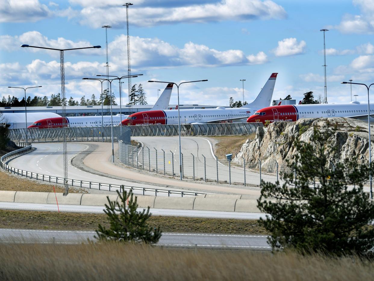 A general view of the Arlanda airport with parked planes in the background.