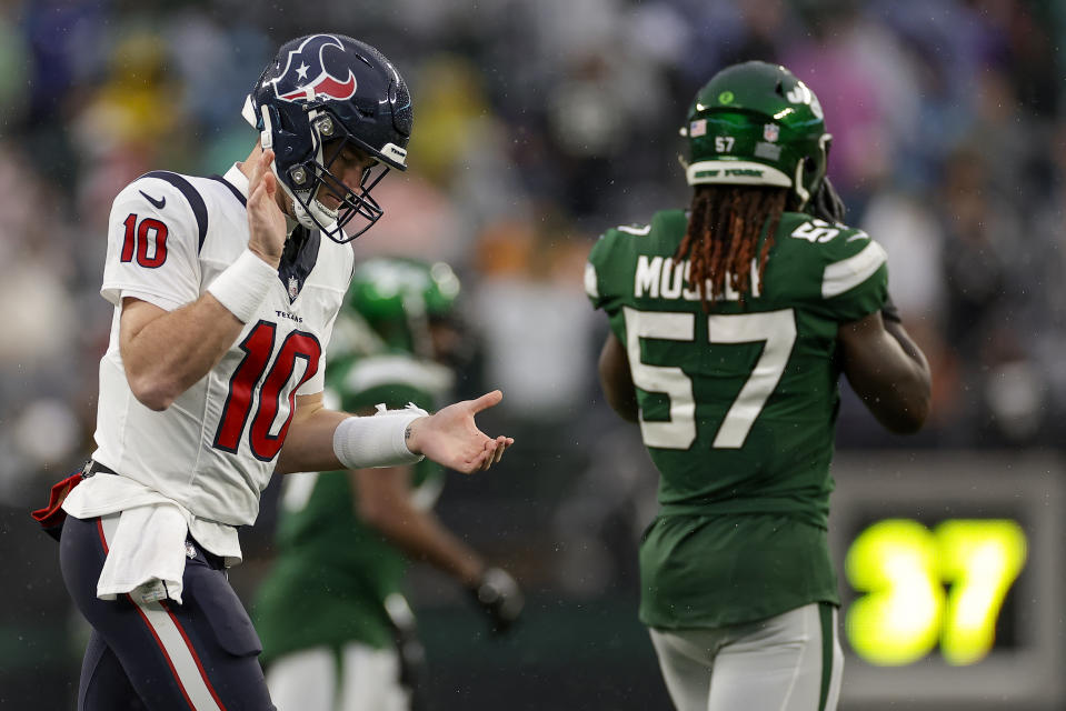 Houston Texans quarterback Davis Mills (10) reacts during the fourth quarter of an NFL football game against the New York Jets, Sunday, Dec. 10, 2023, in East Rutherford, N.J. (AP Photo/Adam Hunger)