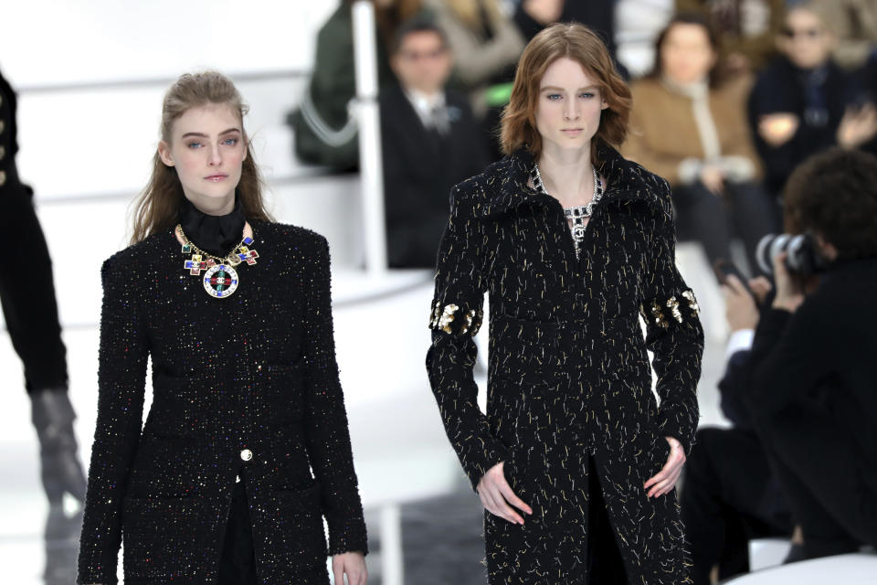 Models wear creations for the Chanel fashion collection during Women's fashion week Fall/Winter 2020/21 presented in Paris, Tuesday, March 3, 2020. (Photo by Vianney Le Caer/Invision/AP)