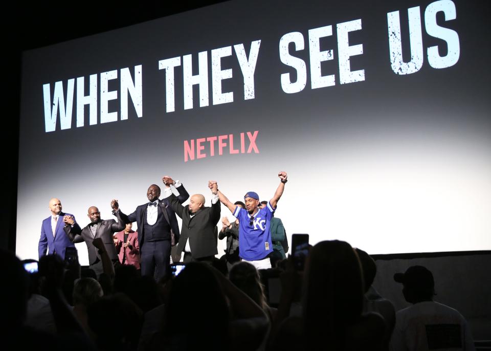 The Exonerated Five: Kevin Richardson, Antron Mccray, Yusef Salaam, Raymond Santana Jr., and Korey Wise onstage during the World Premiere of Netflix's "When They See Us" at the Apollo Theater on May 20, 2019 in New York City
