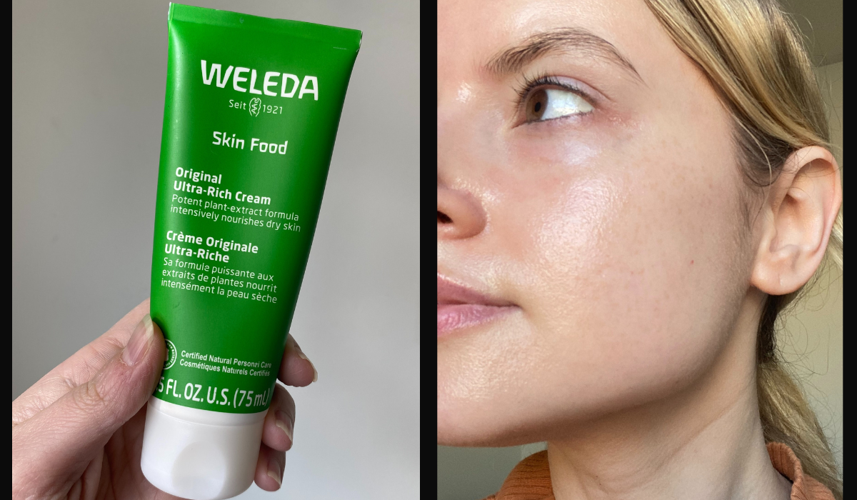 author holding a green tube of weleda skin food next to a photo of the author's face looking hydrated after applying the product