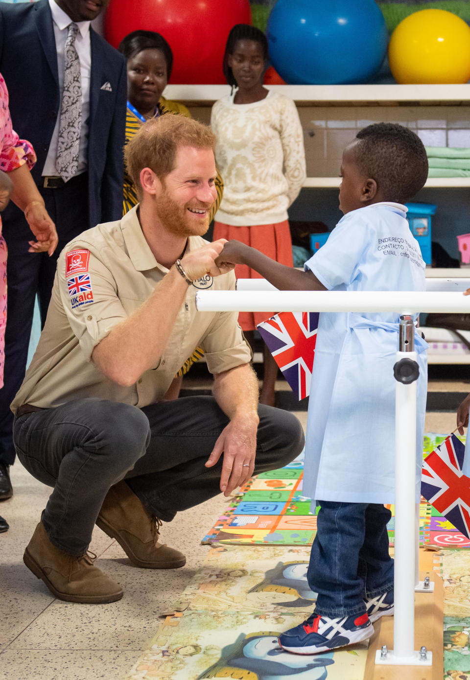 The Duke of Sussex meets Barnaby Jose Mar, 6, as he visits the Princess Diana Orthopaedic Centre in Huambo, Angola, on day five of the royal tour of Africa.