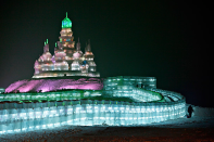 The ice blocks used to make the sculptures are taken from the Songhua River. This year, the structures use an estimated 160,000 cubic meters of ice. (Aly Song/ Reuters)