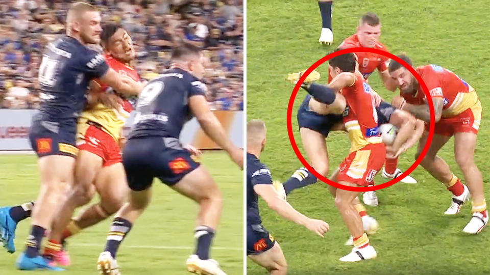 Coesn Hess' hit on Isaiya Katoa is pictured left, and Kodi Nikorima's lifting tackle highlighted on the right - both in the NRL.