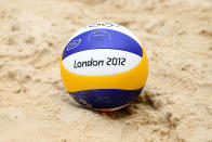 LONDON, ENGLAND - JULY 18: A general view of a beach volleyball at Horse Guards Parade on July 18, 2012 in London, England. (Photo by Scott Heavey/Getty Images)