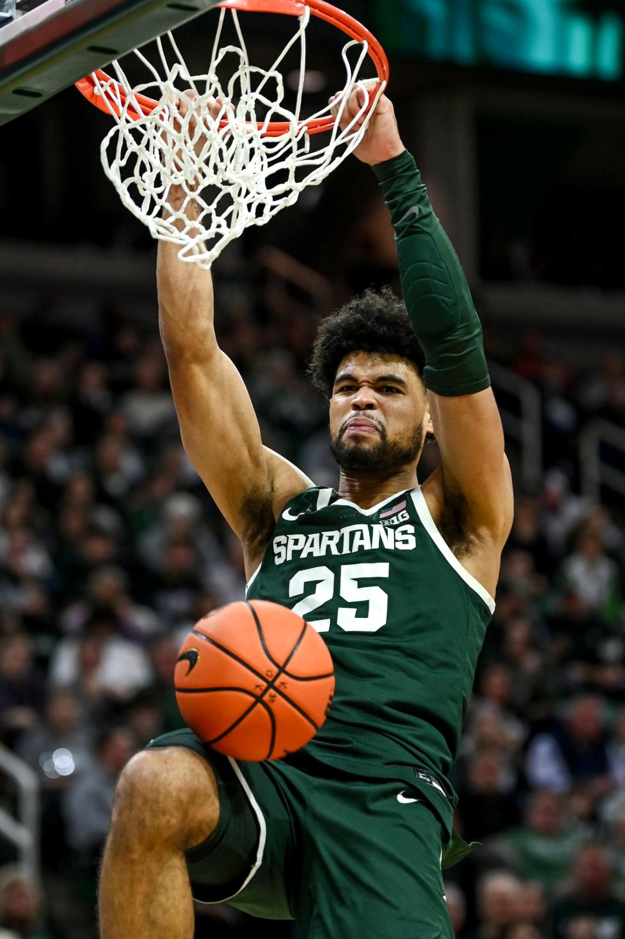 Michigan State's Malik Hall dunks against Penn State during the second half on Thursday, Jan. 4, 2024, in East Lansing.