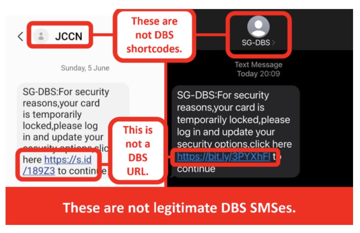 Image of phishing SMSes using DBS Bank's names. (PHOTO: Singapore Police Force)