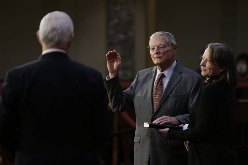 Sen. James Inhofe (C) is ceremoniously sworn-in by Vice President Mike Pence at the Capitol in Washington, D.C., on Jan. 3, 2021. File Photo Samuel Corum/UPI