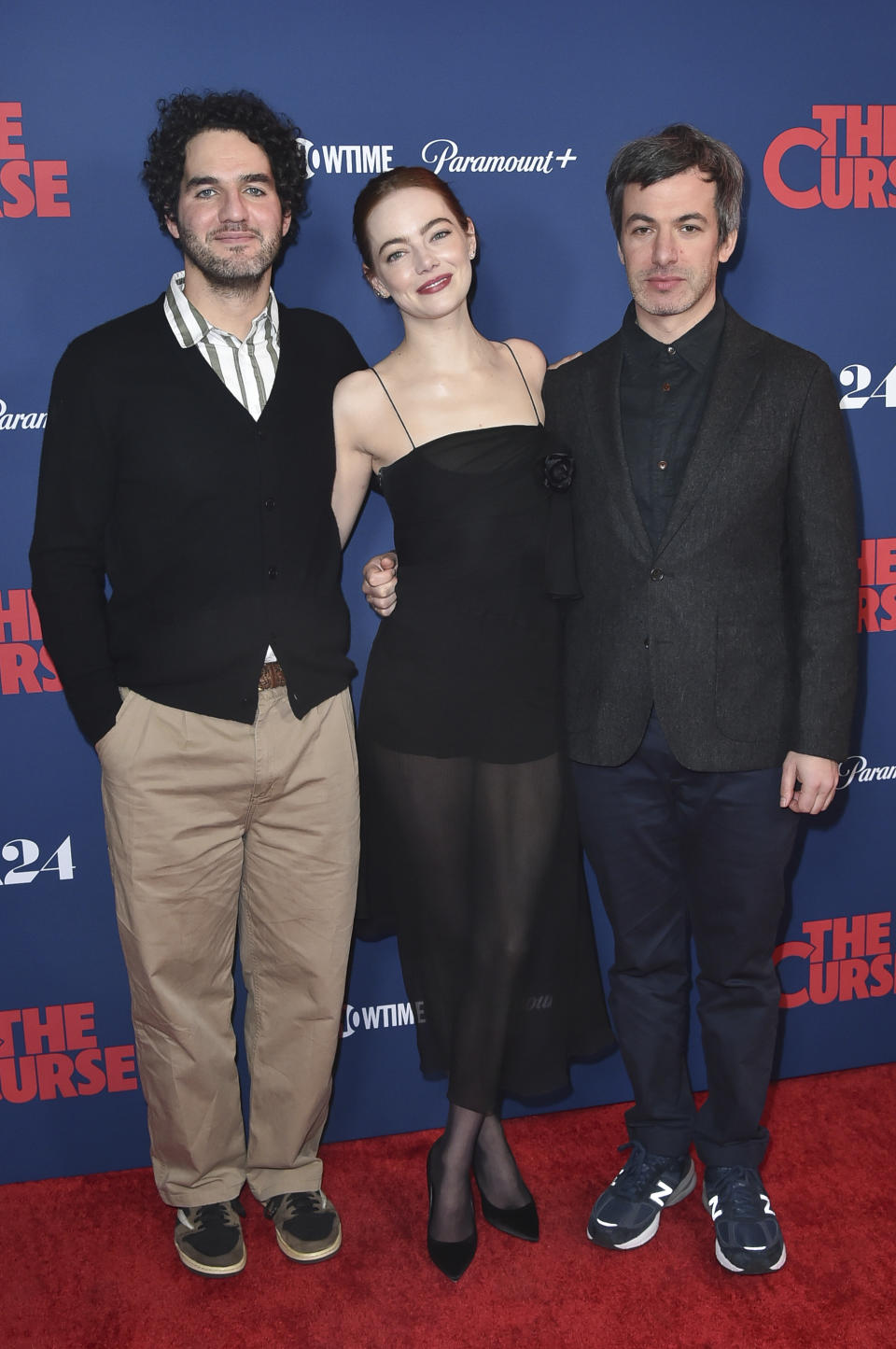 Benny Safdie, from left, Emma Stone and Nathan Fielder attend the season one finale celebration for "The Curse" on Monday, Jan. 8, 2024, in Beverly Hills, Calif. (Photo by Richard Shotwell/Invision/AP)