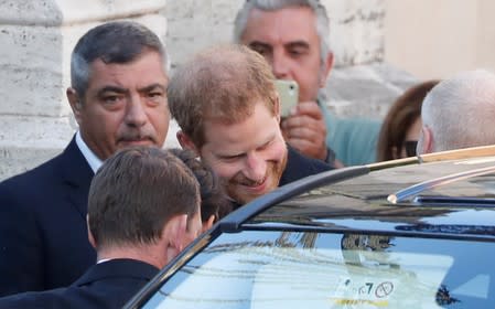 Britain's Prince Harry, Duke of Sussex, arrives to attend the wedding of fashion designer Misha Nonoo at Villa Aurelia in Rome