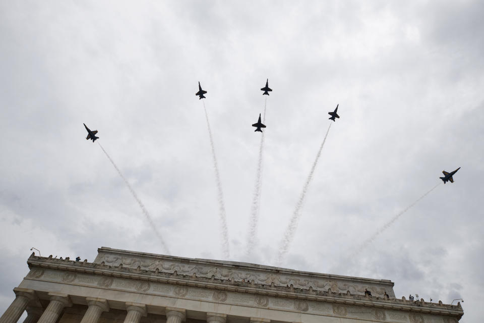 The Blue Angels, the United States Navy's flight demonstration squadron, flies over the Lincoln Memorial during an Independence Day celebration with President Donald Trump, Thursday, July 4, 2019, in Washington. (AP Photo/Carolyn Kaster)