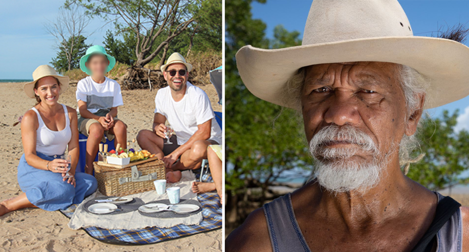 Left - a smiling family on the Lee Point brochure. Right - Tibby Quall in a big hat.