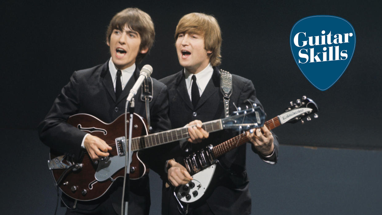  From left, George Harrison (playing a Gretsch 6119 Tennessean guitar with Bigsby vibrato) and John Lennon (playing a Rickenbacker 325 guitar) of English rock and pop group The Beatles perform together on stage for the American Broadcasting Company (ABC) music television show 'Shindig!' at Granville Studios in Fulham, London on 3rd October 1964. The band would go on to play three songs on the show, Kansas City/Hey-Hey-Hey!, I'm a Loser and Boys 