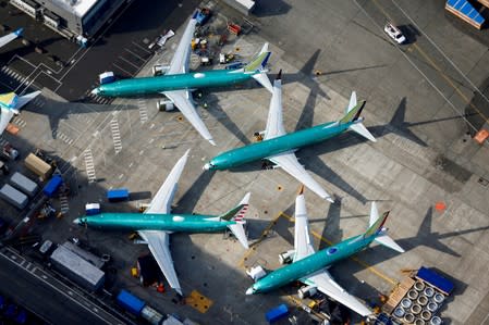 FILE PHOTO: An aerial photo shows Boeing 737 MAX airplanes parked on the tarmac at the Boeing Factory in Renton