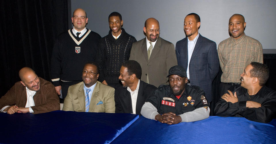 PHILADELPHIA - MARCH 09:  F-row (L - R) Director/Actor Clark Johnson, Actors Wendell Pierce, Clarke Peters, Michael K. Williams, Christopher Mann. B-row (L - R) Actors Brian Anthony Wilson, Jermaine Crawford, Mayor Michael A. Nutter and Actors Brandon Young, Seth Gilliam attend The Screening of the Season-Finale of the HBO Original Series The Wire, Hosted by Philadelphia Mayor Michael A. Nutter at City Hall on March 9, 2008. Philadelphia, Pennsylvania.  (Photo by Gilbert Carrasquillo/FilmMagic)