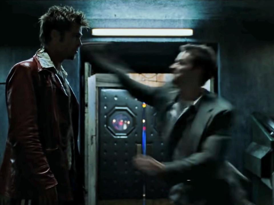 The narrator punching Tyler in "Fight Club" (1999).