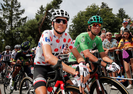 Cycling - The 104th Tour de France cycling race - The 222.5-km Stage 19 from Embrun to Salon-de-Provence, France - July 21, 2017 -Team Sunweb rider Warren Barguil of France, wearing the polka-dot jersey, and Team Sunweb rider Michael Matthews of Australia, wearing the green jersey, before the start. REUTERS/Benoit Tessier