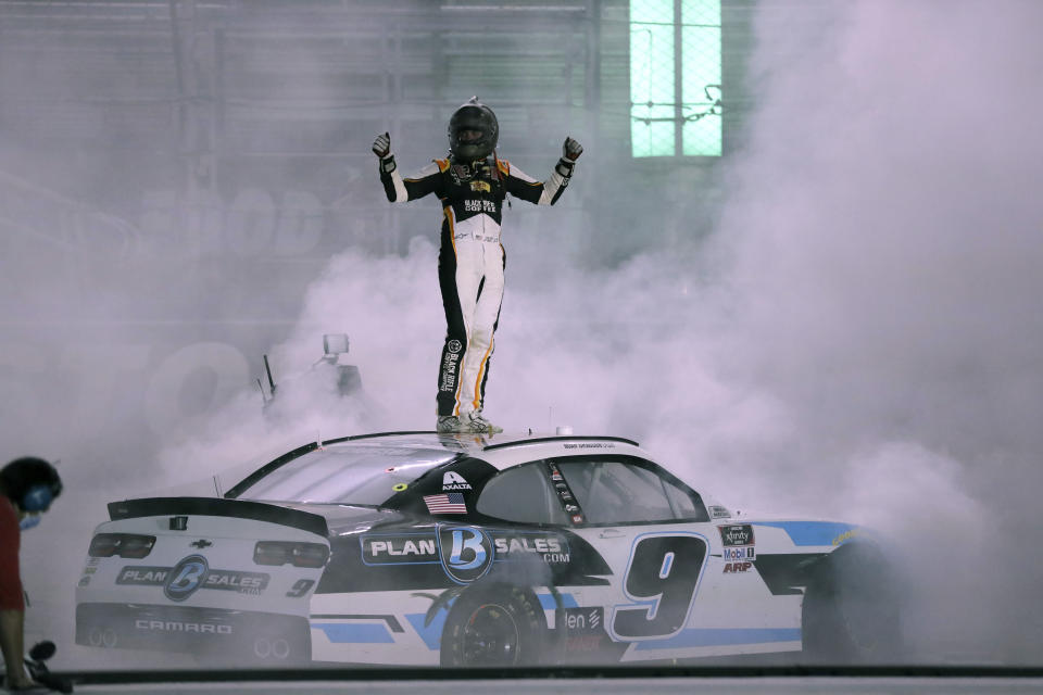 Noah Gragson (9) celebrates after winning a NASCAR Xfinity Series auto race at Bristol Motor Speedway Monday, June 1, 2020, in Bristol, Tenn. (AP Photo/Mark Humphrey)