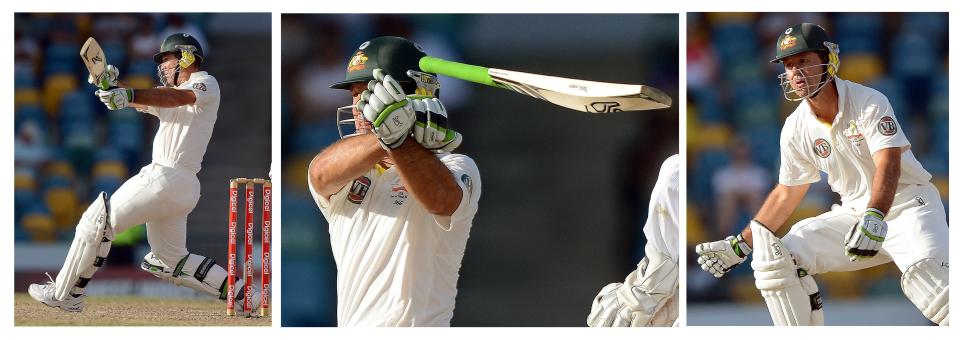 This combination of three pictures shows Australian cricketer Ricky Ponting losing his bat as he plays a shot during the final day of the first-of-three Test matches between Australia and West Indies at the Kensington Oval stadium in Bridgetown on April 11, 2012. Australia is chasing a target of 192 runs to win the match. AFP PHOTO/Jewel Samad (Photo credit should read JEWEL SAMAD/AFP/Getty Images)