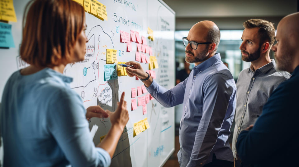 A creative team brainstorming ideas around a whiteboard for a new e-commerce platform.