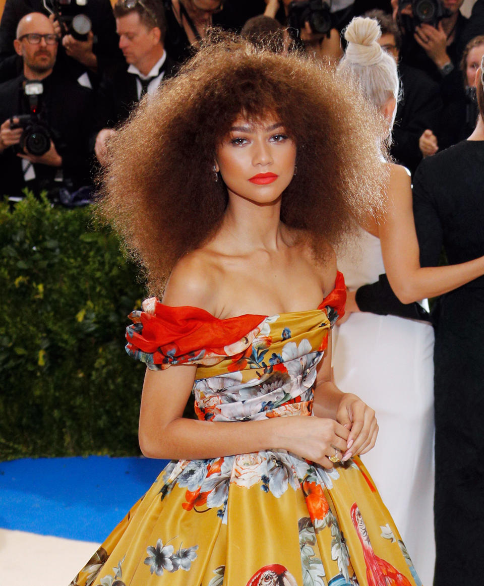 Zendaya wearing a floral dress at the Met Gala with photographers in the background