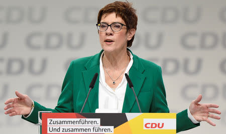 New CDU leader Annegret Kramp-Karrenbauer delivers a closing speech during the Christian Democratic Union (CDU) party congress in Hamburg, Germany, December 8, 2018. REUTERS/Fabian Bimmer