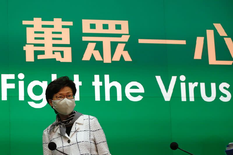 Hong Kong Chief Executive Carrie Lam, speaks during a news conference over global outbreak of the coronavirus disease (COVID-19) in Hong Kong