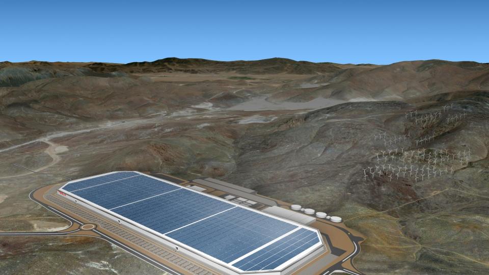 So könnte es einmal aussehen: Eine Computersimulation stellt den Endzustand der «Gigafactory» genannten Tesla-Batteriefabrik im US-Bundesstaat Nevada dar.