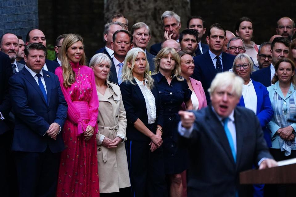 Carrie Johnson, Nadine Dorries and Rachel Johnson watch as outgoing Prime Minister Boris Johnson makes a speech outside No 10 (Victoria Jones/PA) (PA Wire)