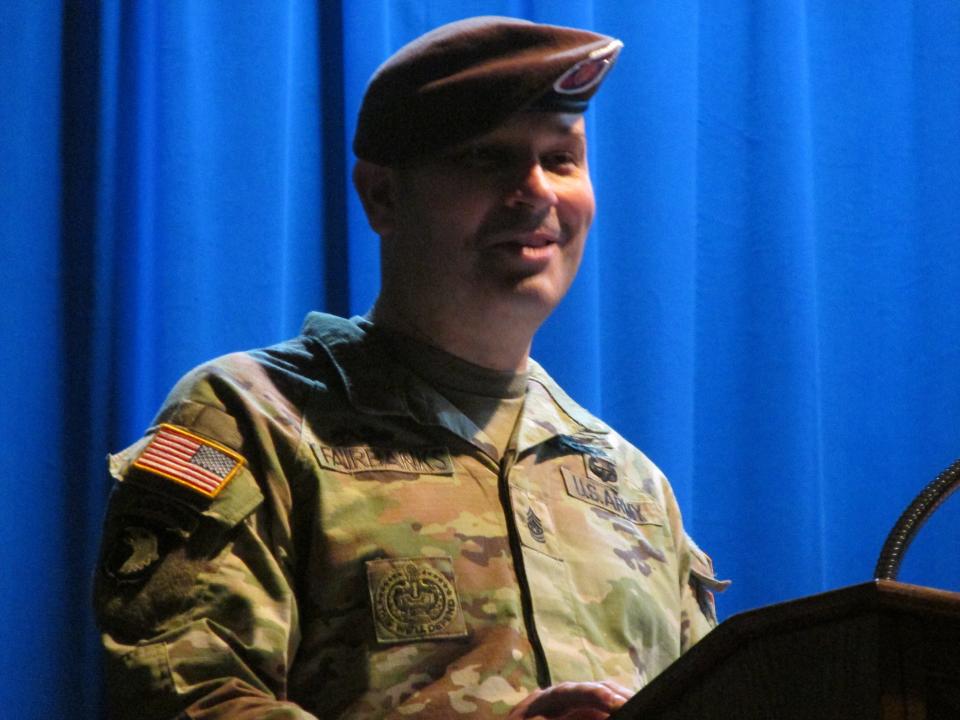 Command Sgt. Maj. Michael Fairbanks, the incoming senior enlisted leader for the 2nd Security Force Assistance Brigade, makes remarks during a change of responsibility ceremony Wednesday, Nov. 22, 2023, on Fort Liberty
