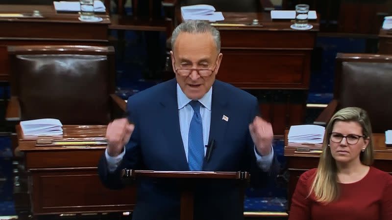 U.S. Senate Minority Leader Schumer addresses Senate about rules for impeachment trial of President Trump at the U.S. Capitol in Washington