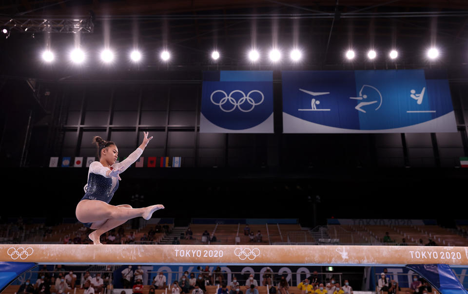 <p>The gold medalist gave a breathtaking performance on the balance beam during day six of the Games at the Ariake Gymnastics Centre.</p>