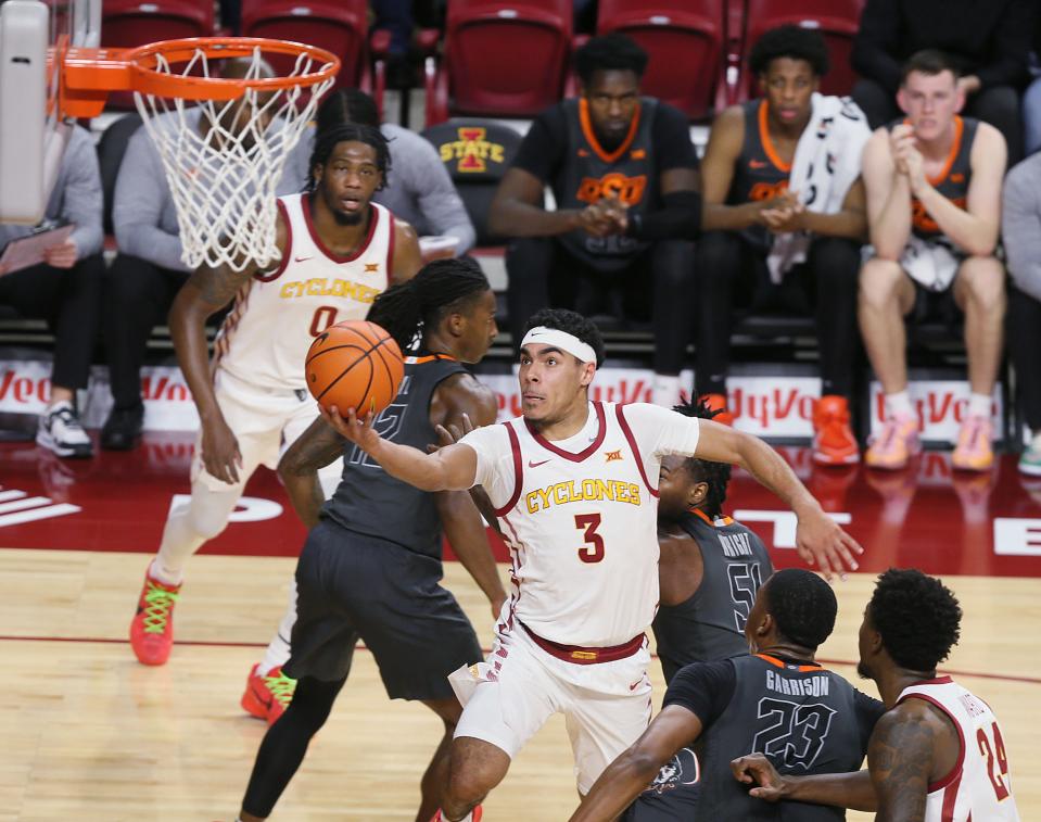 Iowa State's Tamin Lipsey (3) goes for a layup against Oklahoma State on Saturday at Hilton Coliseum.