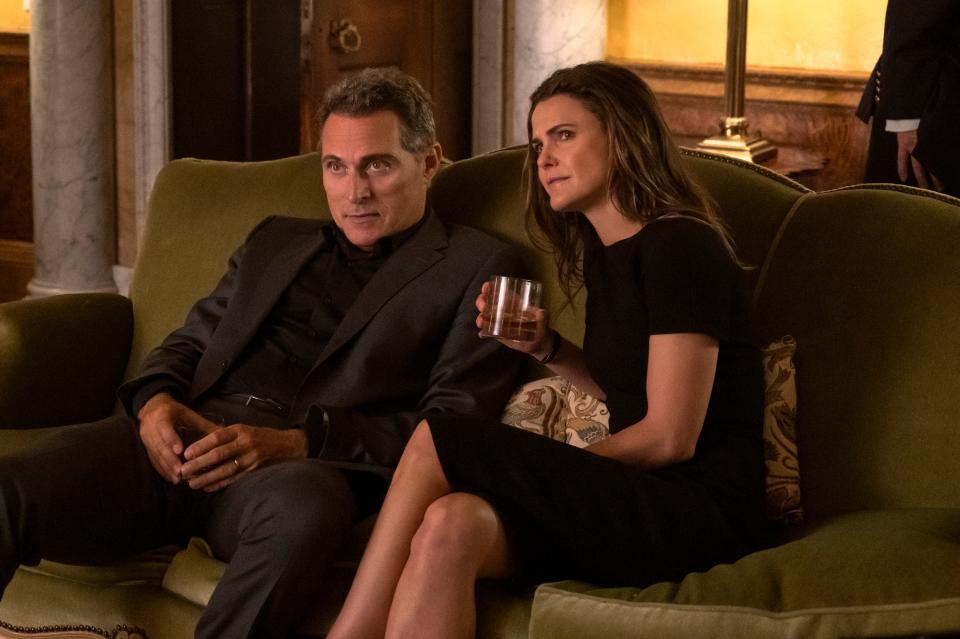 (L to R) Rufus Sewell as Hal Wyler, Keri Russell as Kate Wyler in episode 106 of The Diplomat. (Alex Bailey/Netflix)