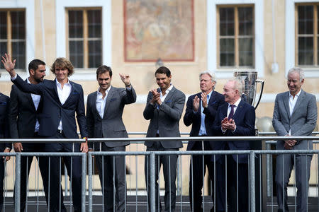 Tennis - Laver Cup - Welcoming Ceremony - Prague, Czech Republic - September 20, 2017 - Players pose during the welcoming ceremony at the Old Town Square Prague, Czech Republic REUTERS/Milan Kammermayer