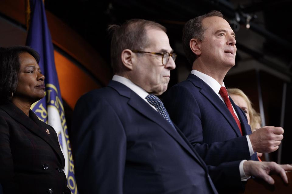 House Democratic impeachment managers Val Demings, Judiciary Committee Chairman Jerrold Nadler, and House Intelligence Committee Chairman Adam Schiff (AP)