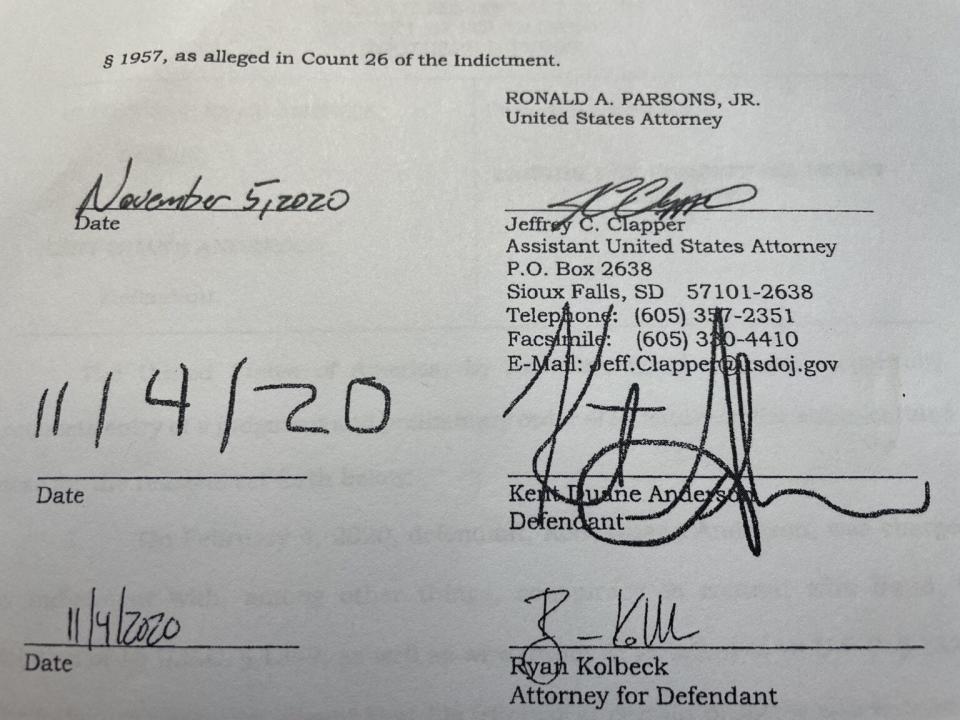 Kent Duane Anderson of South Dakota used unusual handwriting when signing his guilty plea to wire fraud and money laundering resulting from an organic grain fraud scheme.