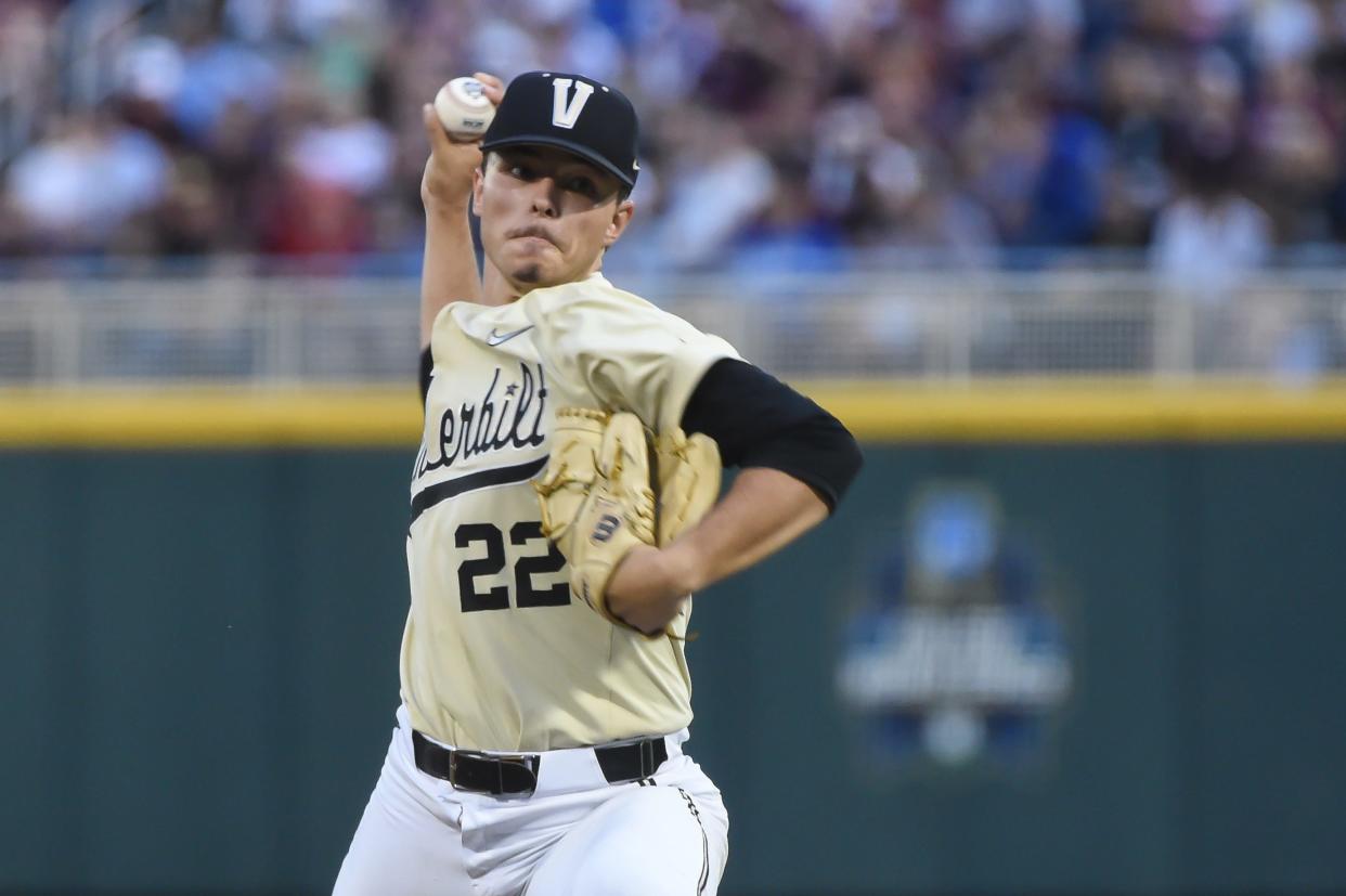 Vanderbilt pitcher Jack Leiter (22) throws during the fifth inning against the Mississippi State in their College World Series game at TD Ameritrade Park.