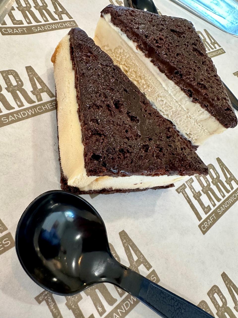 The ice cream sandwich at Terra Craft Sandwiches "was not the thing you get for the kids as a summertime treat, but a soft, slightly gooey, thin-sliced, house-made brownie on either side of a square of dense, creamy salted caramel ice cream," says reviewer Lyn Dowling.